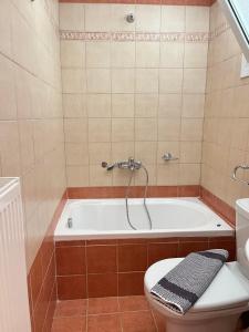 a bathroom with a bath tub and a toilet at Drosia Hotel in Kato Loutraki