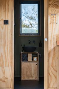 a bathroom with a sink and a mirror at Ascella in Llanrwst