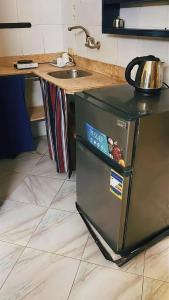 een kleine koelkast in een keuken naast een wastafel bij Lighthouse Hotel in Saint. Catherine