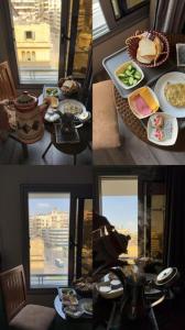 eine Collage aus vier Bildern von Essen und einem Fenster in der Unterkunft swiss tahrir hotel in Kairo