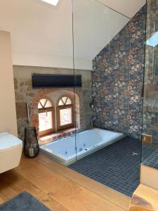 a bathroom with a tub and a glass shower at HexenburgbeiDresden Architektenwohnung mit Privatsauna, Whirlwanne, Kaminofen und noch viel mehr in Lauterbach +3 photos