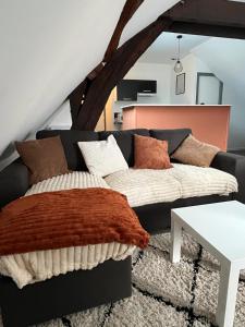 a living room with a couch and a table at Le petit cloître in Langres