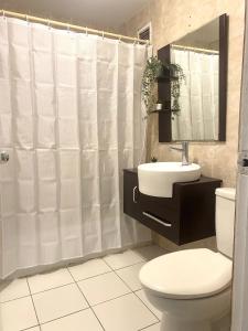 a bathroom with a toilet and a sink and a mirror at Condado Serenity by the Sea in San Juan