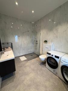 a bathroom with a washing machine and a toilet at Apartment in Målselv in Björklid