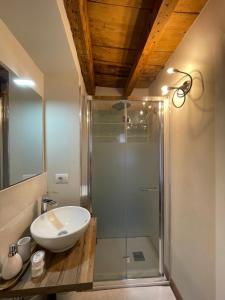 a bathroom with a sink and a glass shower at Rota's House in Bergamo