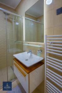een badkamer met wastafel en douche bij La Mia Premium Suite in Tuzla +14 foto's