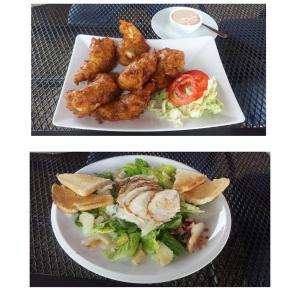 two pictures of a plate of food with chicken and salad at Sport centrum na hřišti in Golčŭv Jeníkov