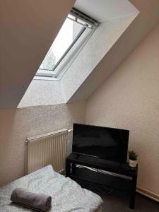 a bedroom with a skylight and a bed and a television at Sport centrum na hřišti in Golčŭv Jeníkov +3 photos