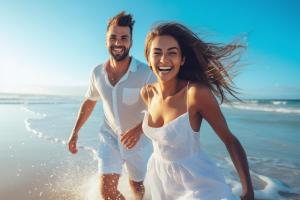 a bride and groom running on the beach at Marinella Beach Apartments - On The Beach - Private Free Parking in Capo Vaticano
