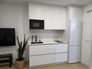 a kitchen with white cabinets and a white refrigerator at Gardel Esencia in Icod de los Vinos