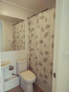 a bathroom with a toilet and a shower curtain at Despierta con vista al mar en un hogar tranquilo y luminoso in Concón