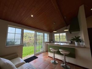 een woonkamer met een keuken met een aanrecht en enkele ramen bij Sobreiros' Studio - Gerês in Terras de Bouro