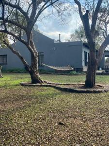 zwei Bäume mit Hängematte zwischen ihnen im Hof in der Unterkunft Sunset Sunrise Country Farm in Komnader