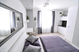 a living room with a mirror and a couch at AVAX apartment Liberec in Liberec