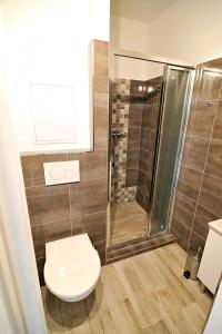 a bathroom with a toilet and a shower at AVAX apartment Liberec in Liberec