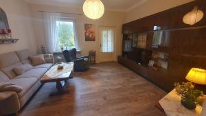 ein Wohnzimmer mit Sofa und Tisch in der Unterkunft Cozy 2-room apartment in Hohendorf