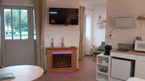 uma sala de estar com lareira e uma TV na parede em Le cocon des Rosies le Eleanor Roosevelt em Colleville-sur-Mer mais 54 fotografias