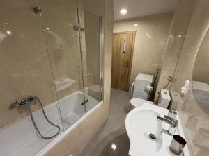 a bathroom with a shower and a sink and a toilet at Lokum u Joanny in Nowy Łupków