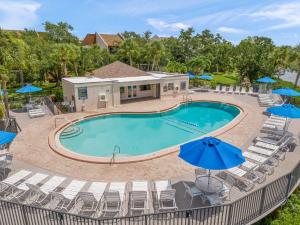 an overhead view of a swimming pool with chairs and umbrellas at Midnight Cove II 117F in Siesta Key +39 photos