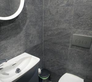 a bathroom with a sink and a toilet and a mirror at Beautiful Home In Karlshamn With Two Bedrooms And Wifi in Karlshamn