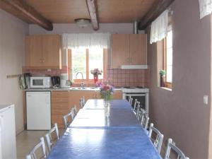 Una mesa larga en una cocina con un mantel azul y sillas en Awesome Home In Löderup With Two Bedrooms And Wifi, en Sandby