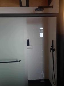 Saint-OnésimeにあるLa Taniere du Renardのガラスドア付きのシャワー付きのバスルーム