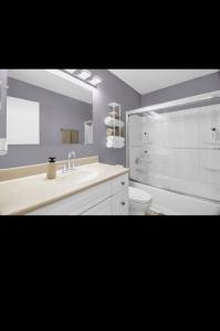 a bathroom with a sink and a toilet and a mirror at Modern 3BR 2 bathroom Near High Point University & Market Sleeps 6 in High Point +14 photos