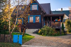 a house with blue windows and a staircase leading up to it at Bieszczadzki Domek z widokiem na połoniny in Wetlina +32 photos