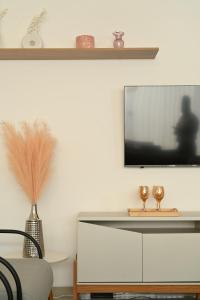 ein Wohnzimmer mit einem Fernseher an einer weißen Wand in der Unterkunft Serenidad Palmas in Santa Cruz de la Sierra