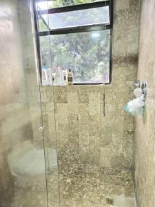 a shower with a glass door and a window at master bedroom in Medellín