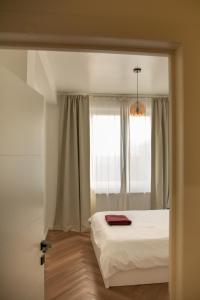ein Schlafzimmer mit einem Bett und einem Fenster in der Unterkunft Brussels South - Cosy Appartment in Brüssel