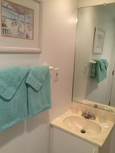 a bathroom with a sink and a mirror and towels at Angie's Guest Cottage in Virginia Beach
