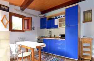 BelvedereにあるEurialo Green Suitesのキッチン(青いキャビネット、テーブル、椅子付)