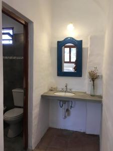 a bathroom with a sink and a toilet and a mirror at Posada Buen Camino in Nono
