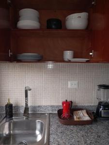 a kitchen counter with a sink and plates and dishes at Tu rincon Caribeño in San Isidro +21 photos