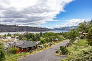 an aerial view of a town with a lake at Point Lyle in Mosier
