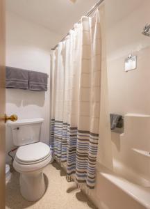 a bathroom with a toilet and a shower curtain at 08 Lodge in Hood River +13 photos