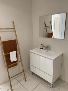 a bathroom with a sink and a ladder and a mirror at Appartement spacieux avec vue sur la mer à Le Marin in Le Marin