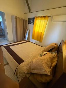 een slaapkamer met een groot bed met een geel raam bij Maison confortable à Petit-Canal avec jardin 52 m² in Petit-Canal