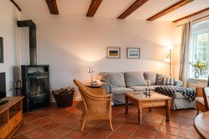 a living room with a couch and a fireplace at Ferienwohnung "Wildgans" in Schaprode