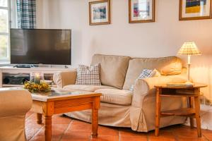 a living room with a couch and a flat screen tv at Ferienhaus "Lachmöwe" in Vaschvitz
