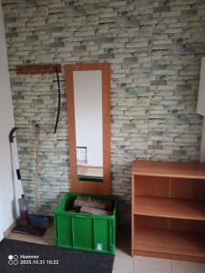 łazienka z lustrem i zielonym pudełkiem w obiekcie Apartmán u Maxů w mieście Strašice