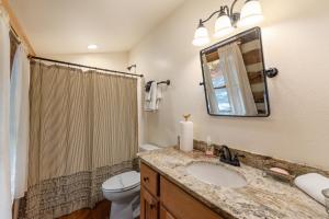 a bathroom with a sink and a toilet and a mirror at Cabin Chateau- Modern Escape with Outdoor Living area with Fireplace & Hot Tub in Baldwin +26 photos