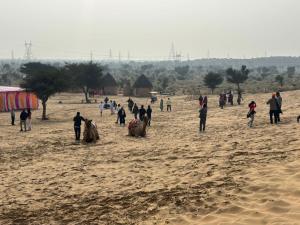 een groep mensen die in een veld staan met twee dieren bij Raisar Desert Camp in Jāmb