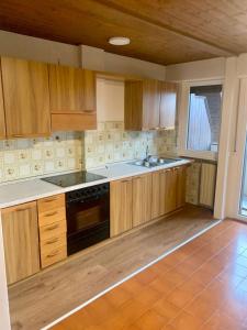 a kitchen with wooden cabinets and a sink and a stove at Cesa Alpes 2 in Campitello di Fassa