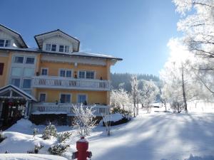 a house with a red fire hydrant in the snow at Gesundheitshotel König in Grünenbach