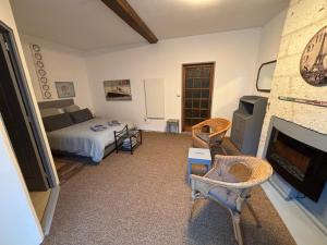 Una sala de estar con una cama y una chimenea. en Au Pied du Chateau, en Brantome en Perigord