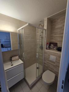 ein Badezimmer mit Dusche, Toilette und Waschbecken in der Unterkunft Cap d'Agde - T2 lumineux piscine et tennis in Cap d'Agde