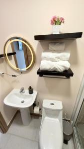 Un baño con inodoro, lavabo y espejo. en Moderno apartamento en Lirios de Miraflores, en Tegucigalpa