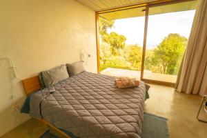 una camera da letto con un letto e una grande finestra di Refúgio Contemporâneo na Serra da Bocaina a Silveiras